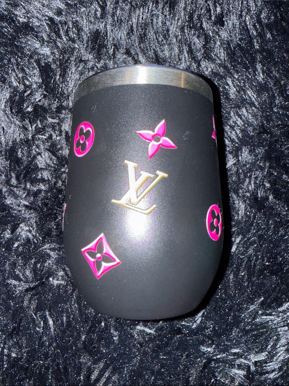 Black Wine Gobbler Tumbler with Pink and Gold Embellishments